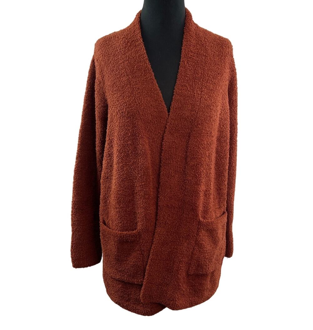 Max Studio Brown Teddy Cardigan Sweater Shawl Collar Open Front Size Medium NEW
